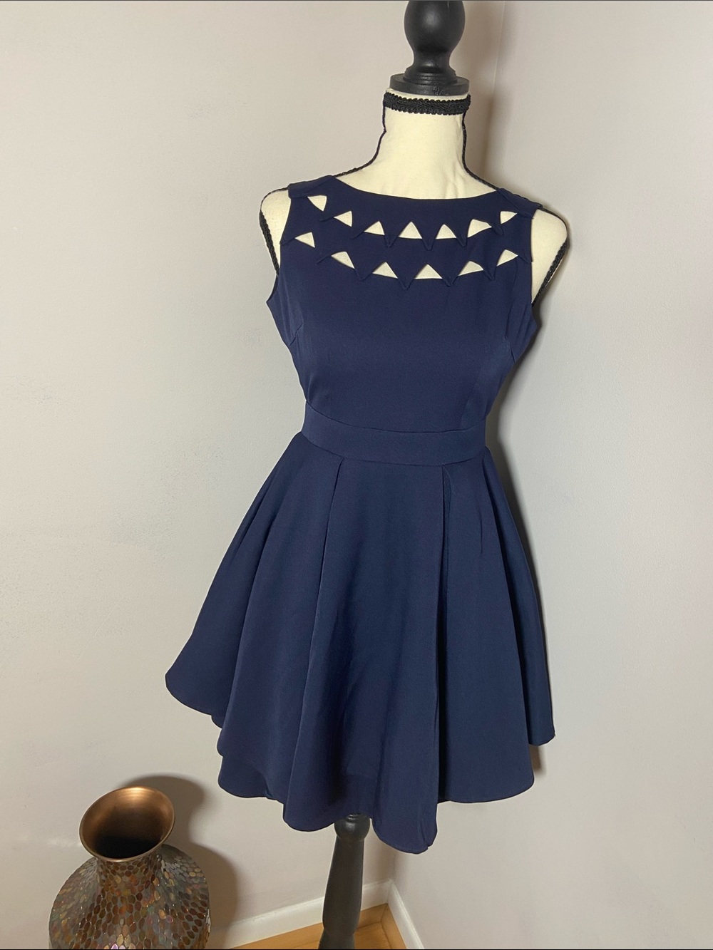 L'ATISTE Navy Sleeveless Fit-and-Flare Dress with Geometric Cutouts